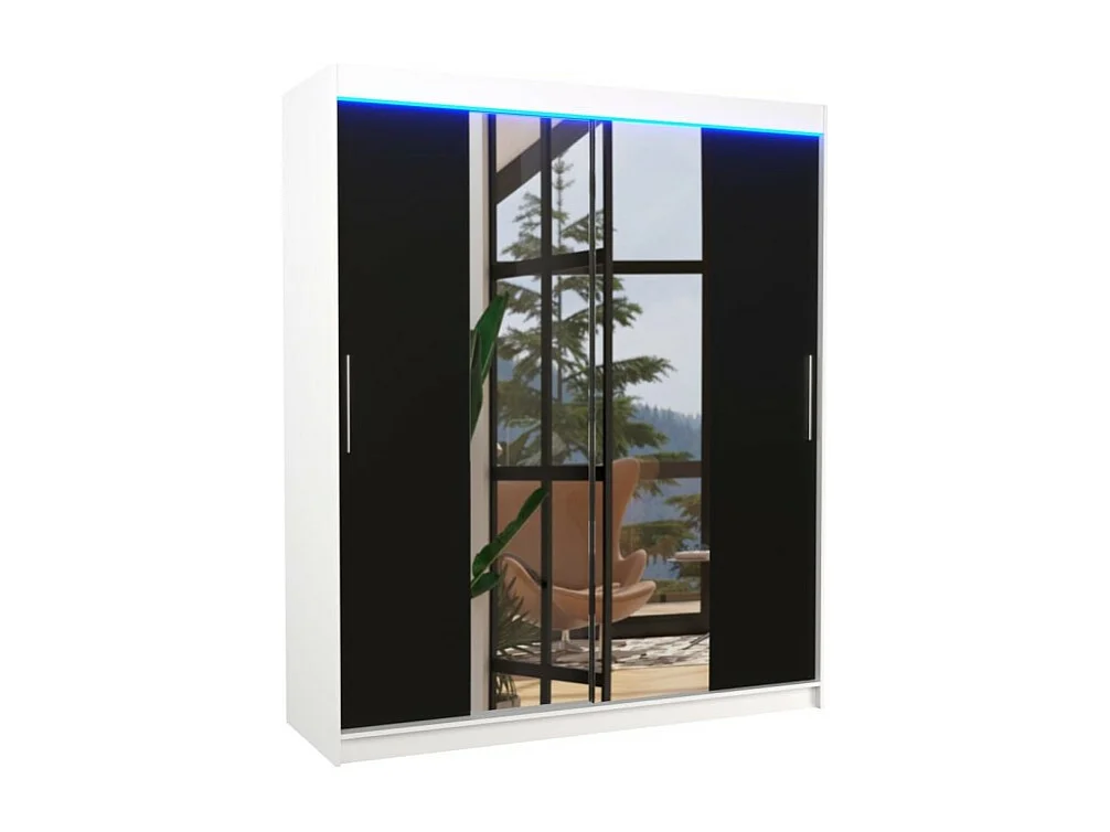 Armadio Dahlia (180cm)/ante scorrevoli/specchio/LED/Bianco&Nero