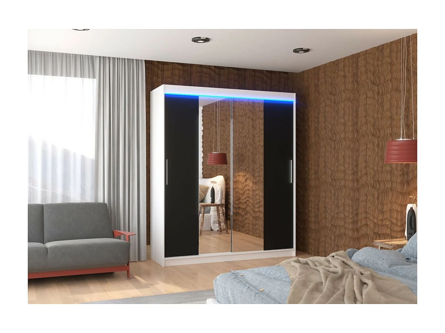 Armadio Dahlia (180cm)/ante scorrevoli/specchio/LED/Bianco&Nero