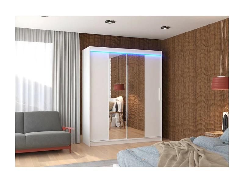 Armoire Dahlia (180cm)/portes coulissantes/miroir/LED/Blanc
