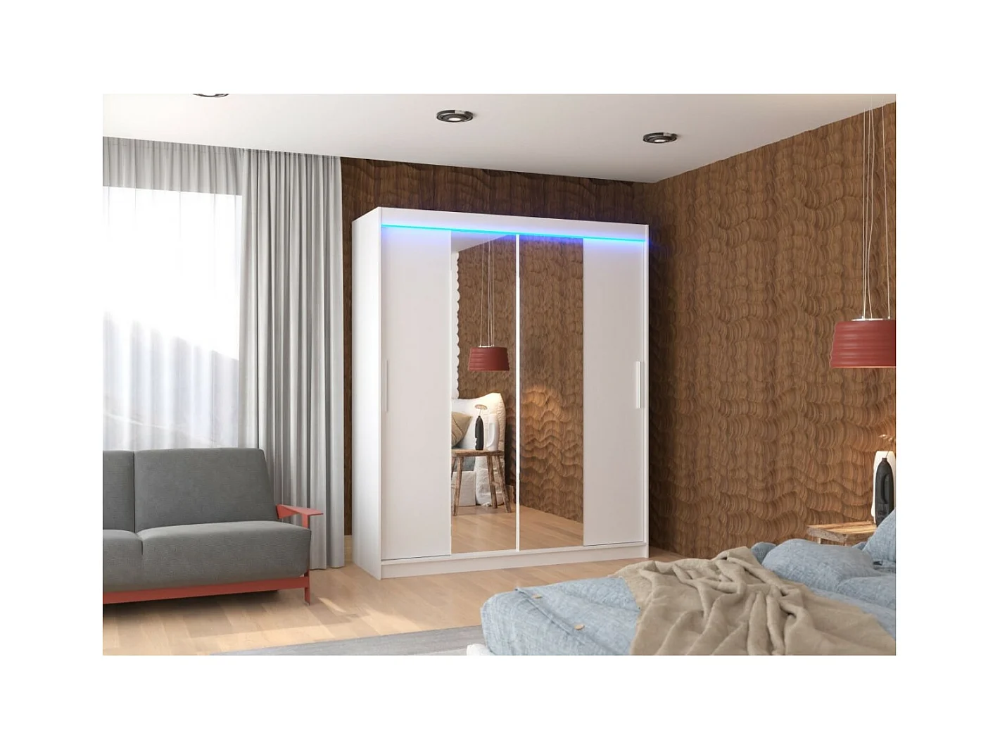 Armoire Dahlia (180cm)/portes coulissantes/miroir/LED/Blanc