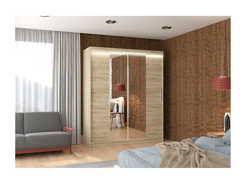 Armoire Dahlia (180cm)/portes coulissantes/miroir/LED/Sonoma