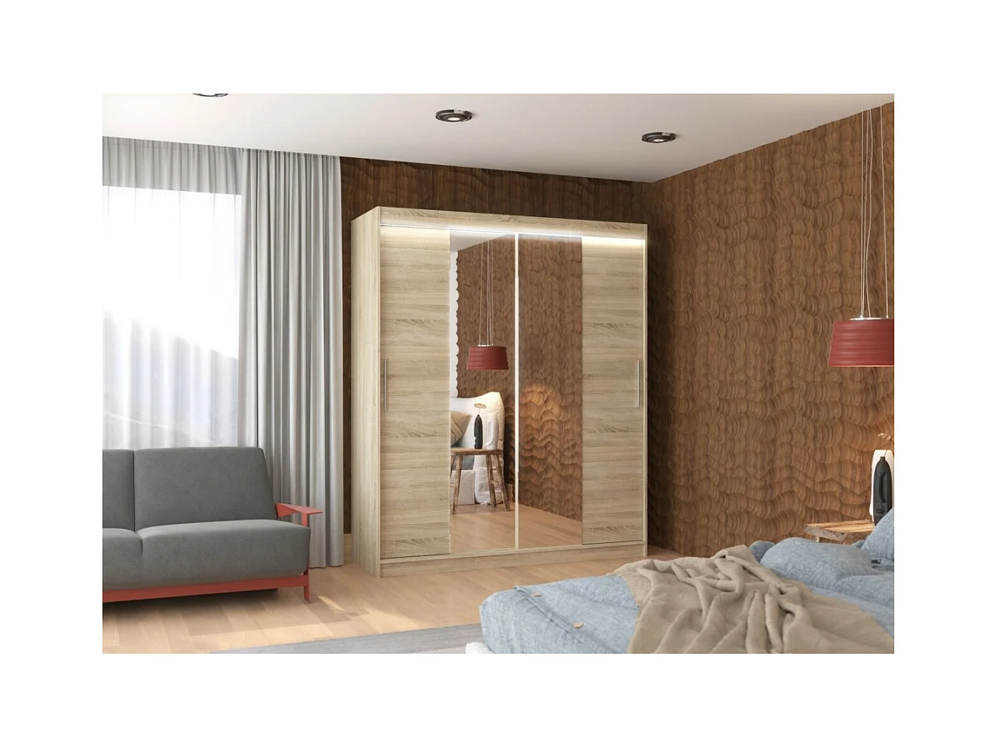 Armoire Dahlia (180cm)/portes coulissantes/miroir/LED/Sonoma