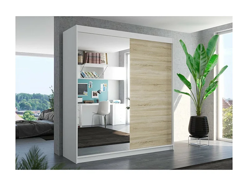 Armoire Ella (200cm)/portes coulissantes/miroir/Blanc&Sonoma