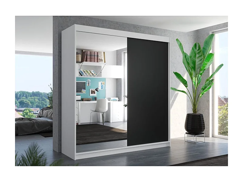 Armoire Ella (200cm)/portes coulissantes/miroir/Blanc&Noir