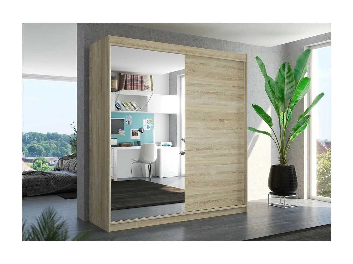 Kleiderschrank Ella (200cm)/Schiebetüren/Spiegel/Sonoma