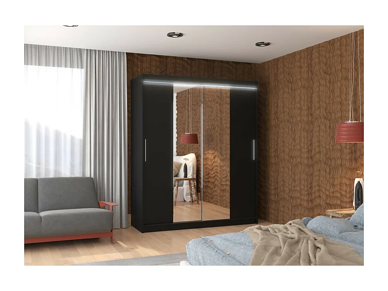 Armoire Dahlia (180cm)/portes coulissantes/miroir/LED/Noir