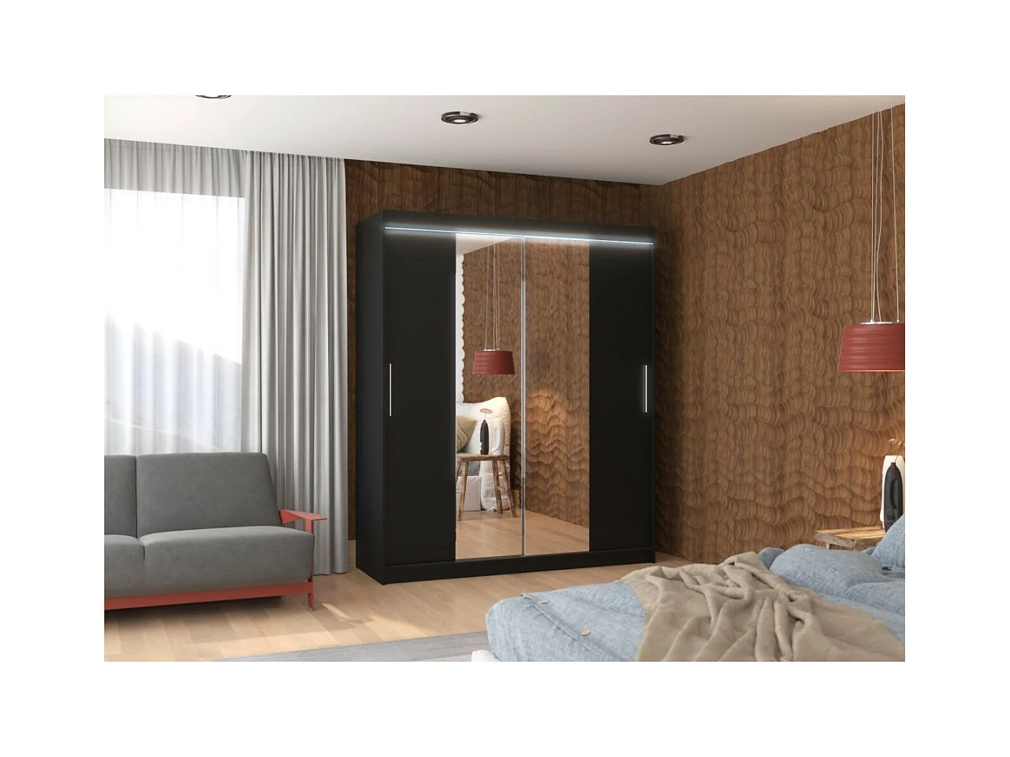 Armoire Dahlia (180cm)/portes coulissantes/miroir/LED/Noir