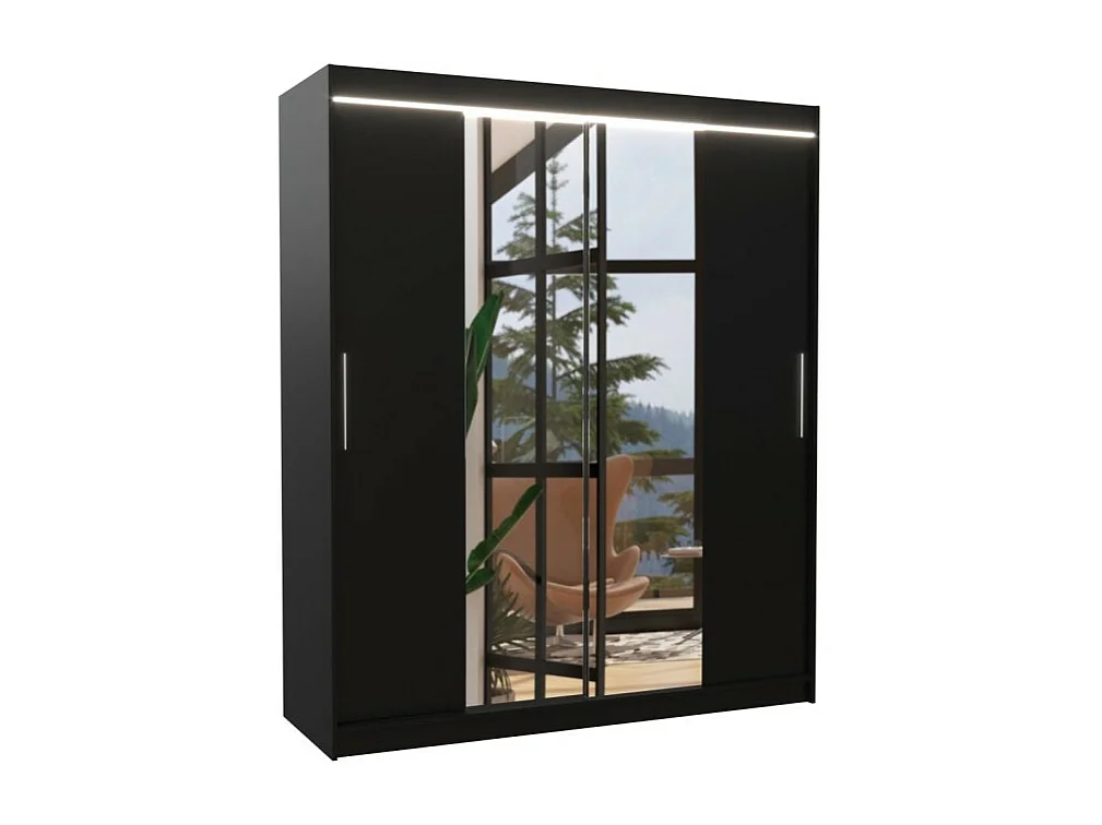 Kleiderschrank Dahlia (180cm)/Schiebetrüren/Spiegel/LED/Schwarz
