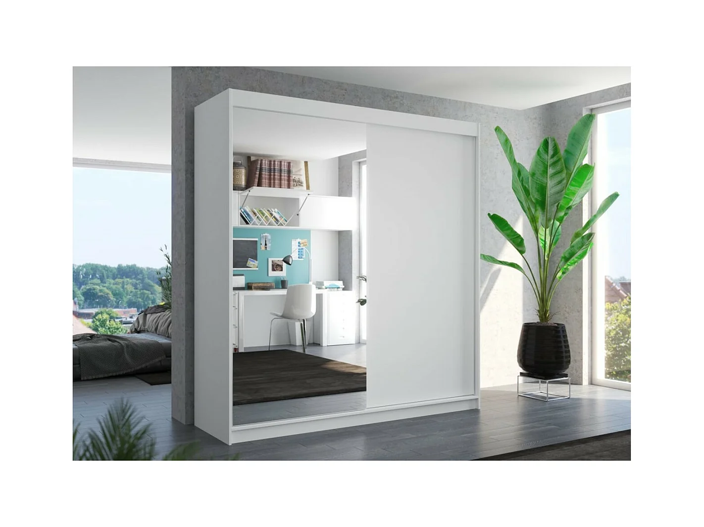 Armoire Ella (200cm)/portes coulissantes/miroir/Blanc