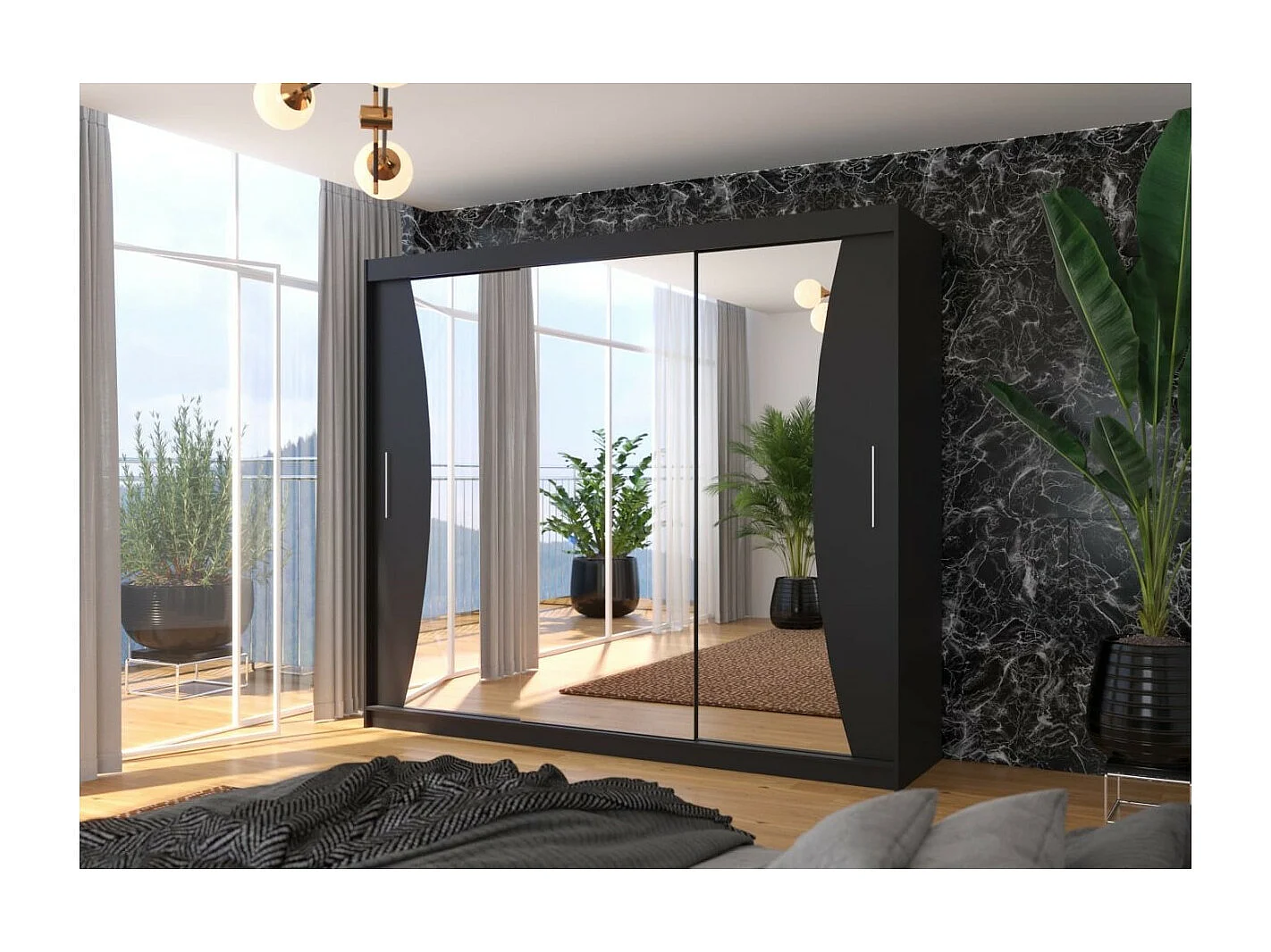 Armadio Enzo (250cm)/ante scorrevoli/specchio/Nero