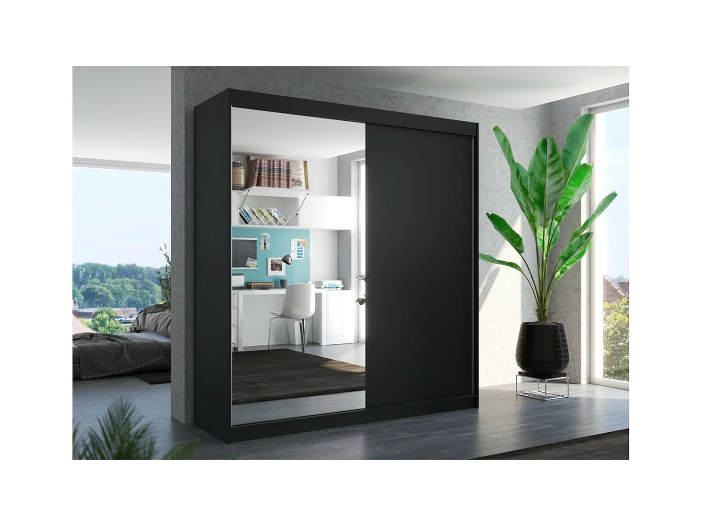 Kleiderschrank Ella (200cm)/Schiebetüren/Spiegel/Schwarz