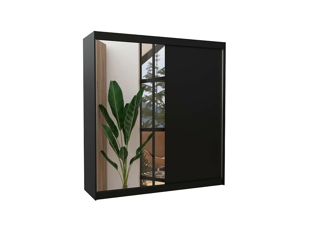 Kleiderschrank Ella (200cm)/Schiebetüren/Spiegel/Schwarz