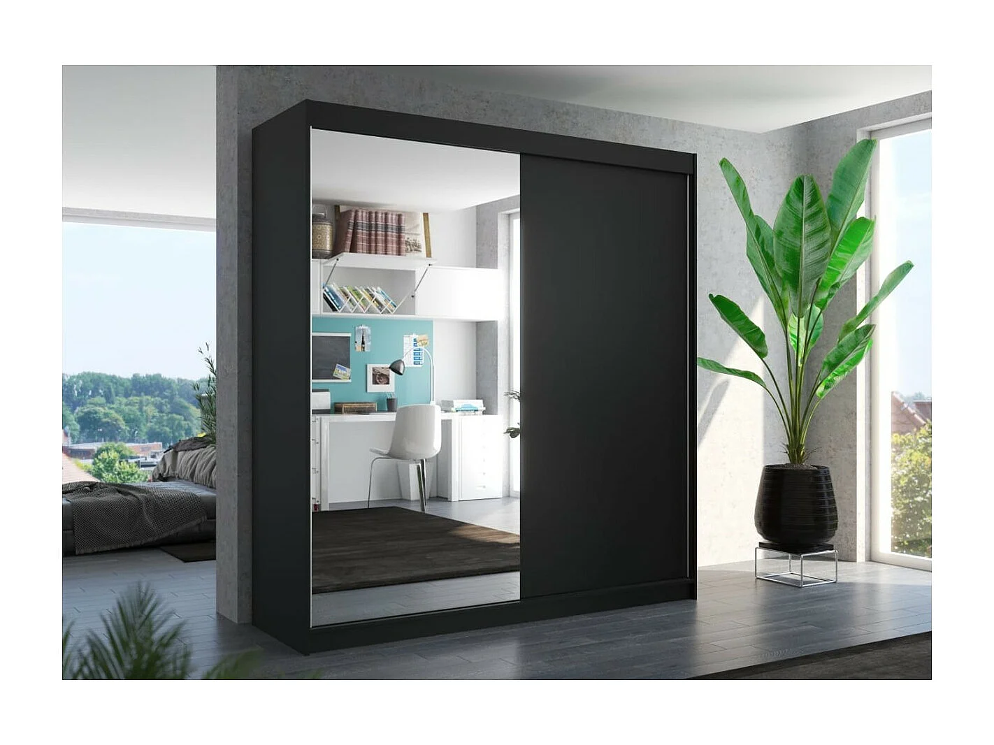 Armoire Ella (200cm)/portes coulissantes/miroir/Noir