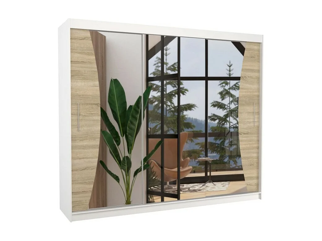 Armadio Enzo (250cm)/ante scorrevoli/specchio/Bianco&Sonoma