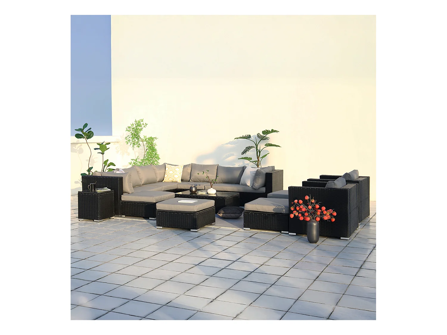 Set da giardino modulare da 13/14 posti in rattan nero e grigio