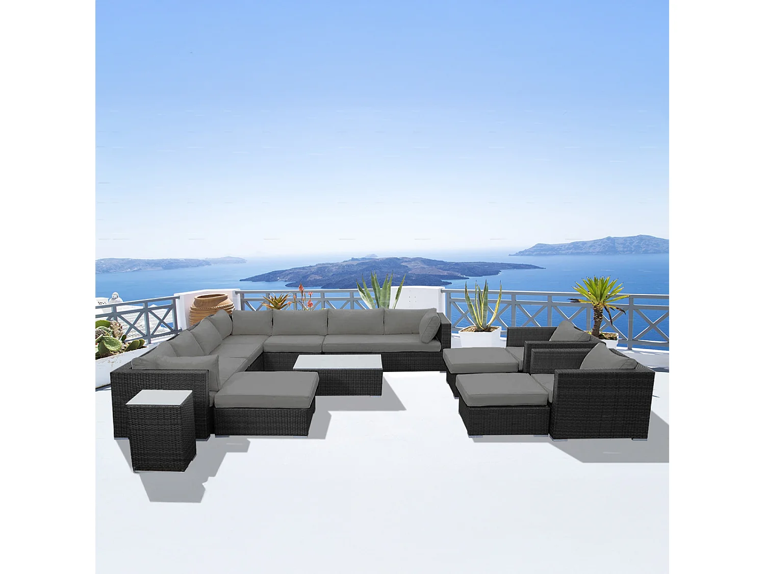 Salon de jardin modulable 13-14 places en résine tressée noir et gris STALLA