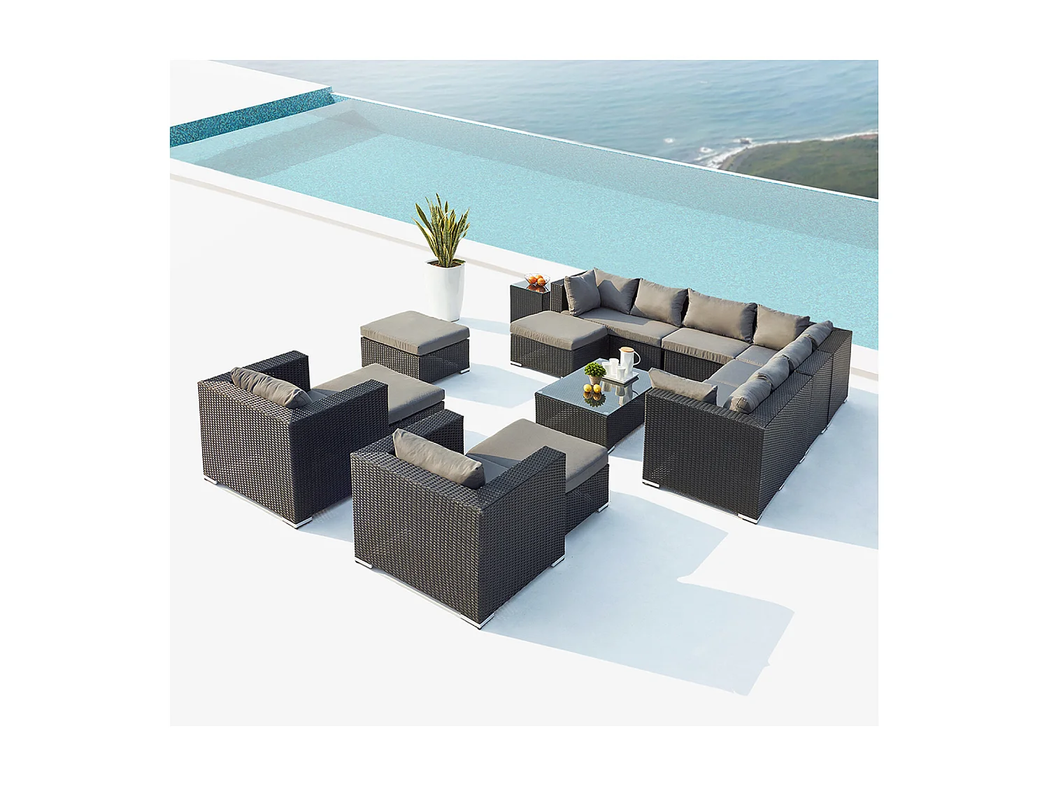 Conjunto de jardín modular de 13/14 plazas en resina trenzada negra y gris