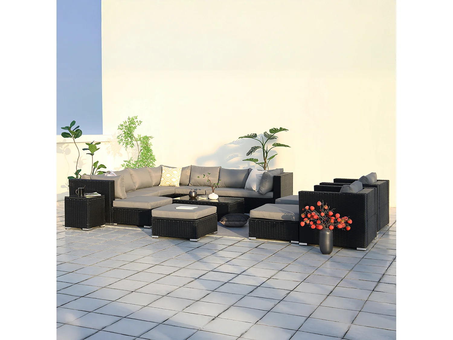 Conjunto de jardín modular de 13/14 plazas en resina trenzada negra y gris