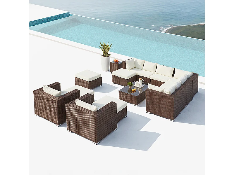 Set da giardino modulare da 13/14 posti in rattan marrone e bianco