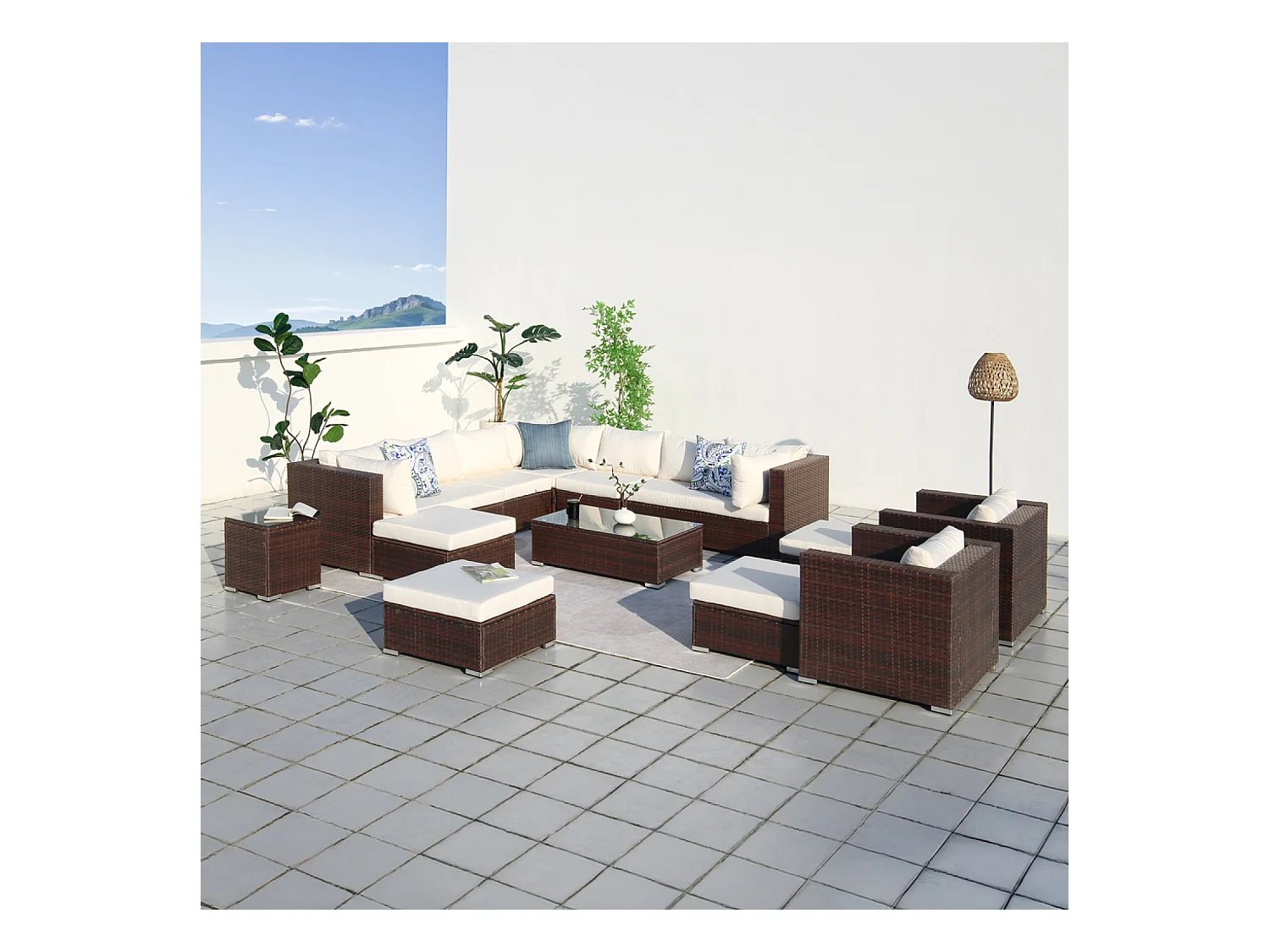 Salon de jardin modulable 13-14 places en résine tressée marron et blanc STALLA