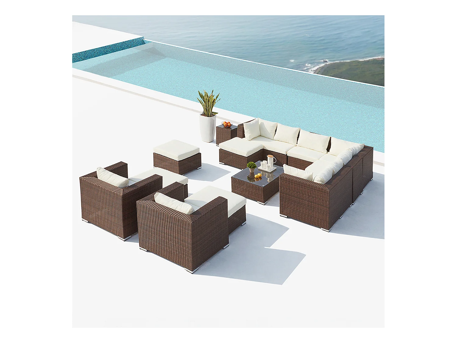 Modulaire loungeset voor 13/14 personen van bruin en wit gevlochten kunststof
