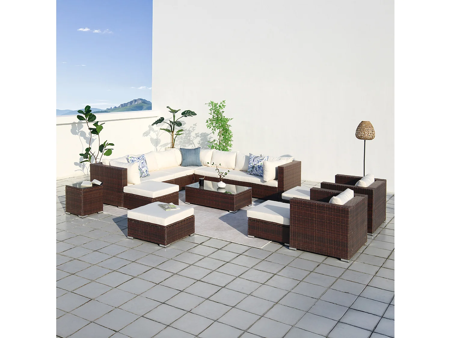 Salon de jardin modulable 13-14 places en résine tressée marron et blanc STALLA