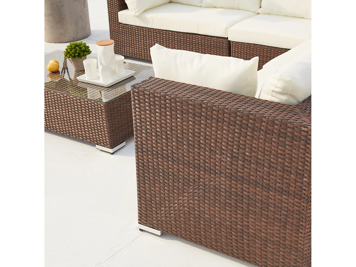 Salon de jardin modulable 13-14 places en résine tressée marron et blanc STALLA