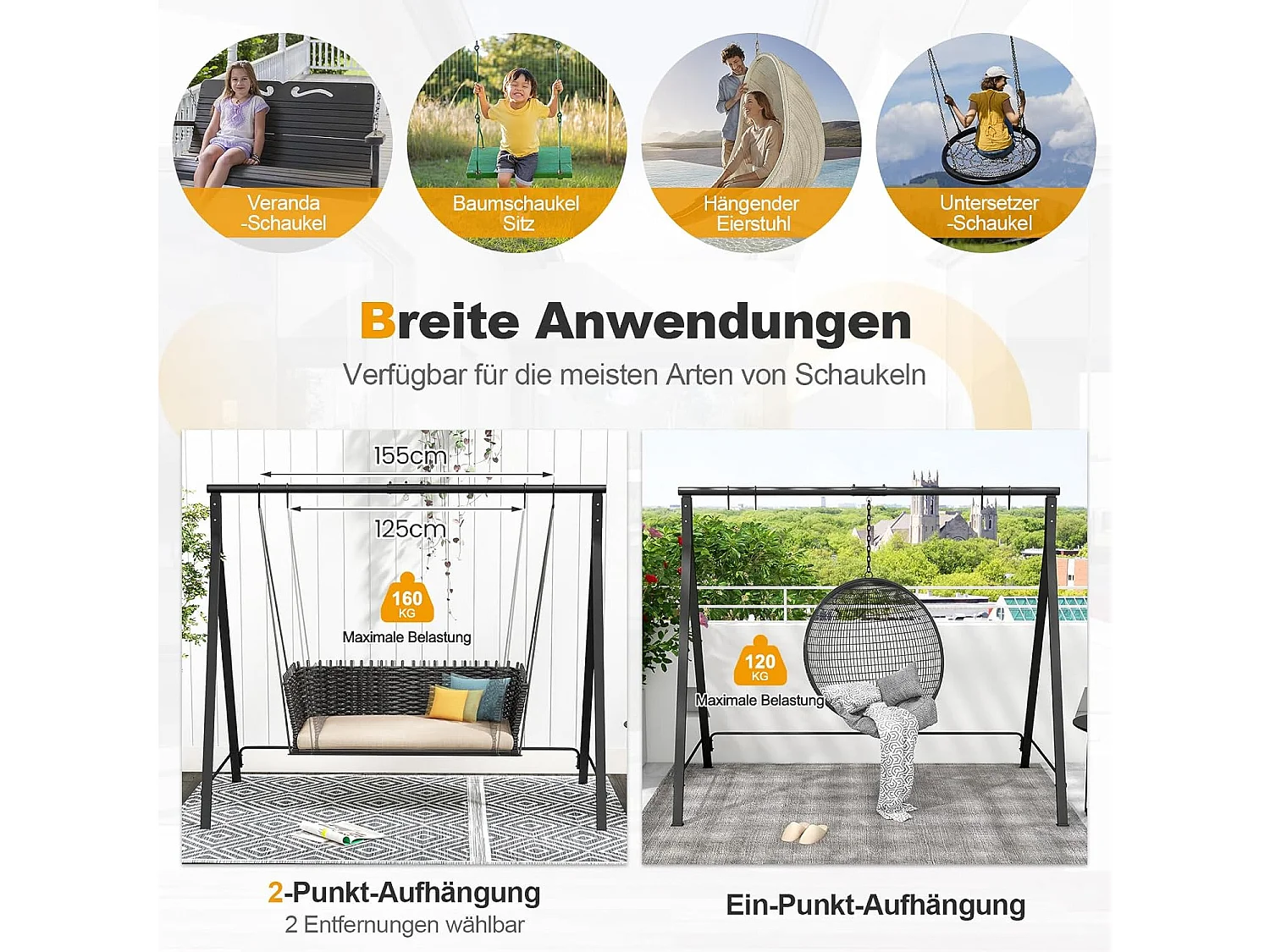 Schommelframe met 5 ophangringen, frame voor hangbank/schommelbank/nestschommel/hangstoel, schommelframe van metaal, voor tuin, veranda, zwartZB33533