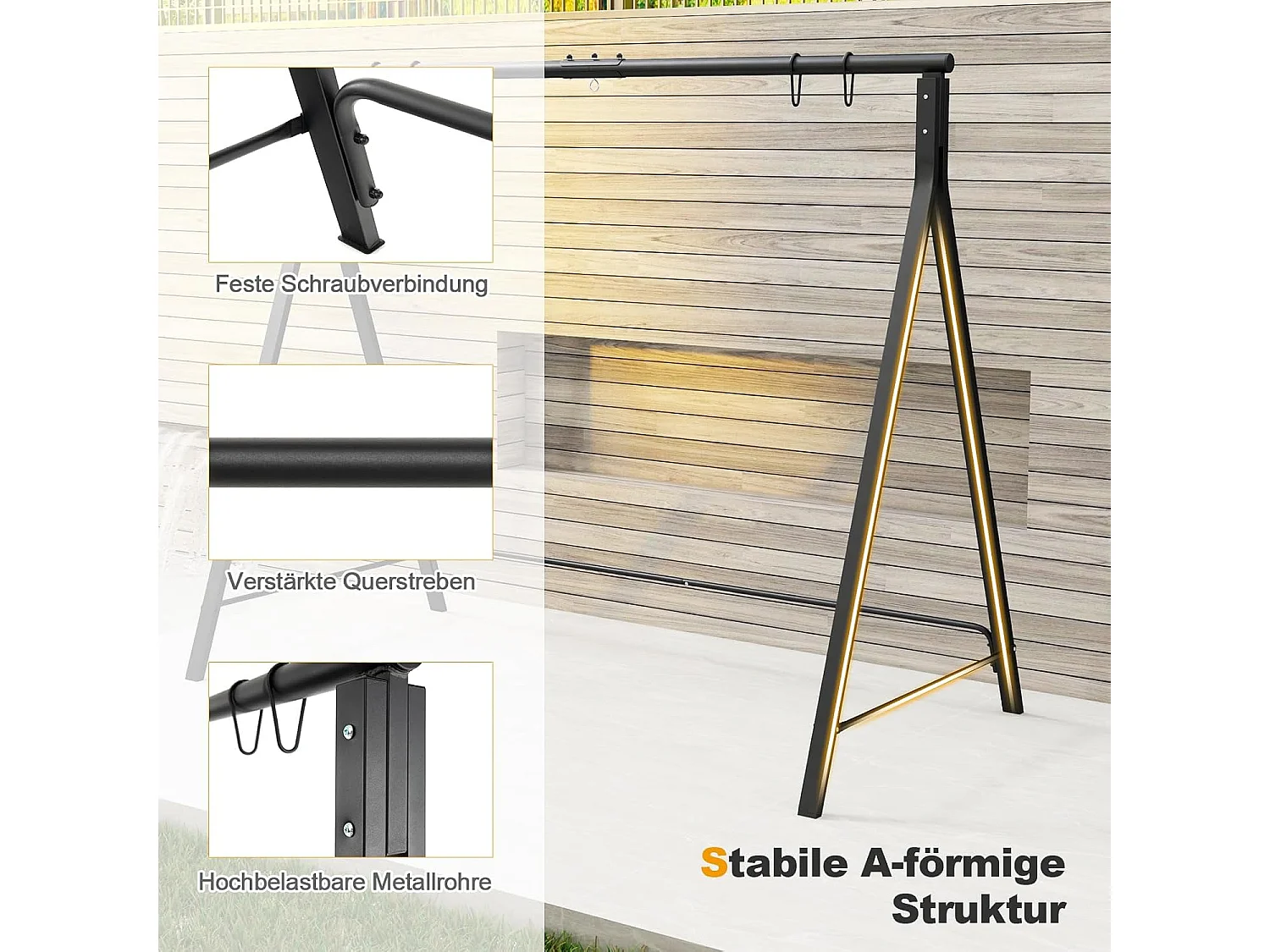 Schommelframe met 5 ophangringen, frame voor hangbank/schommelbank/nestschommel/hangstoel, schommelframe van metaal, voor tuin, veranda, zwartZB33533