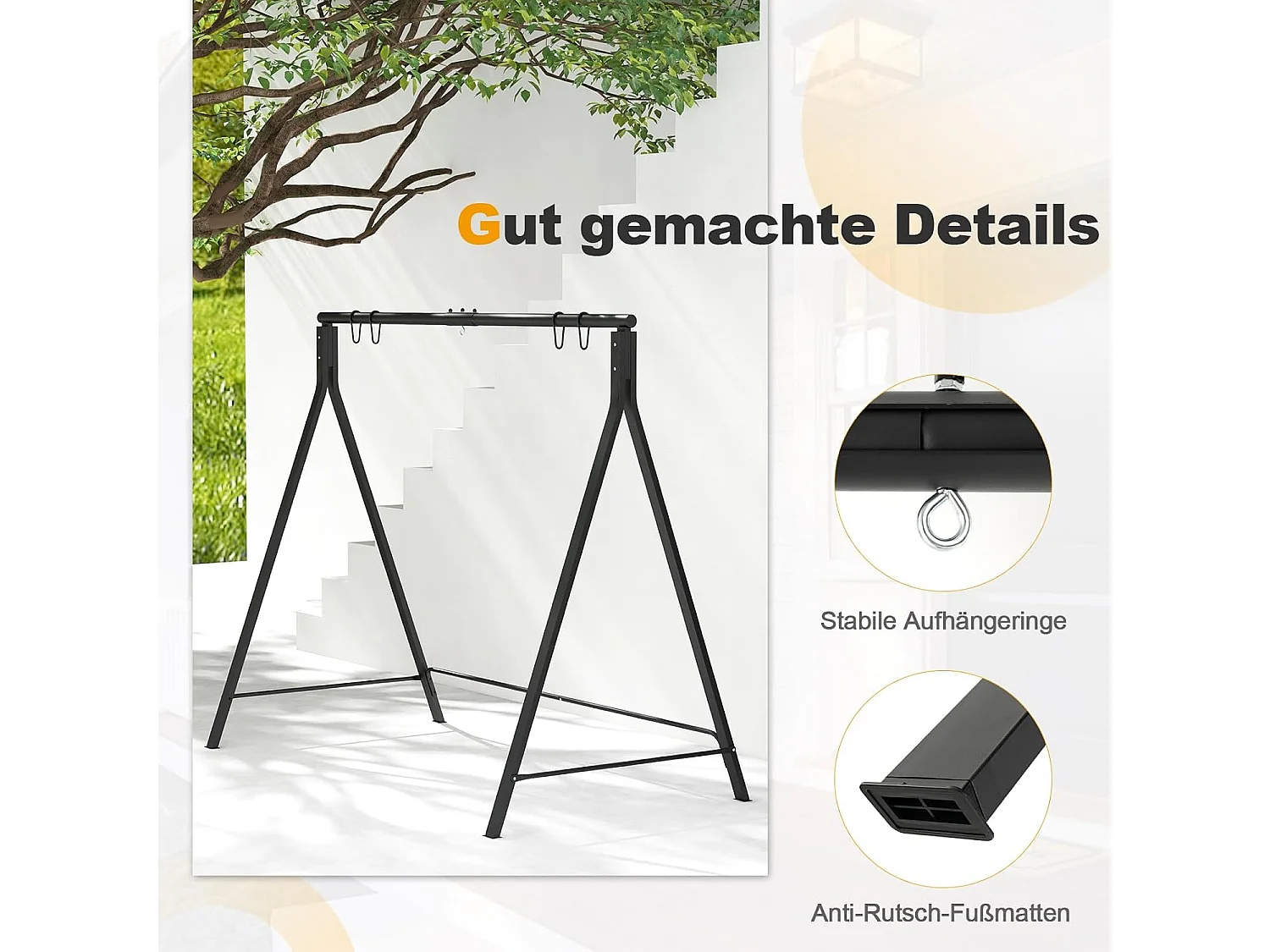 Schommelframe met 5 ophangringen, frame voor hangbank/schommelbank/nestschommel/hangstoel, schommelframe van metaal, voor tuin, veranda, zwartZB33533