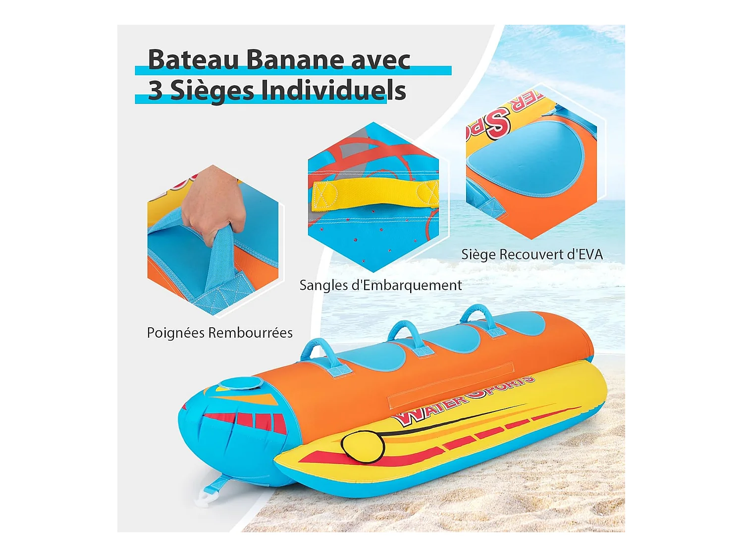 Bateau Banane Gonflable pour 1 à 3 Passagers Charge 231KG, Flotteur Gonflable Remorquable avec 3 Sièges et Poignées Rembourrés en EVA, pour Navigation de Plaisance