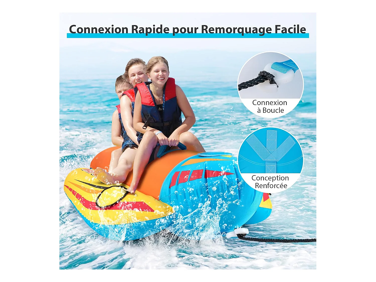 Bateau Banane Gonflable pour 1 à 3 Passagers Charge 231KG, Flotteur Gonflable Remorquable avec 3 Sièges et Poignées Rembourrés en EVA, pour Navigation de Plaisance
