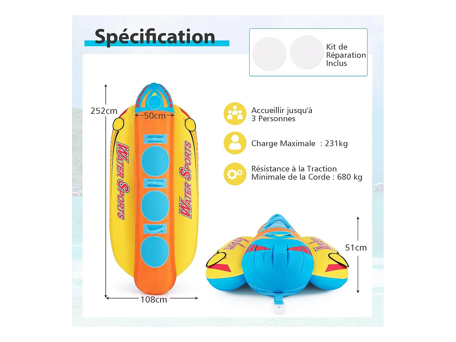 Bateau Banane Gonflable pour 1 à 3 Passagers Charge 231KG, Flotteur Gonflable Remorquable avec 3 Sièges et Poignées Rembourrés en EVA, pour Navigation de Plaisance