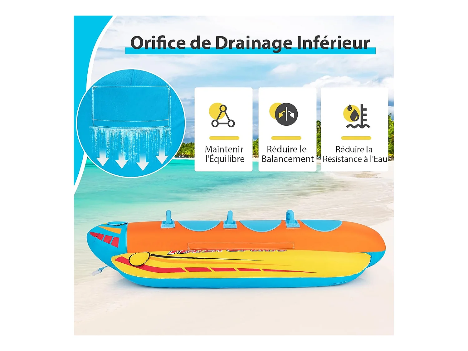 Bateau Banane Gonflable pour 1 à 3 Passagers Charge 231KG, Flotteur Gonflable Remorquable avec 3 Sièges et Poignées Rembourrés en EVA, pour Navigation de Plaisance