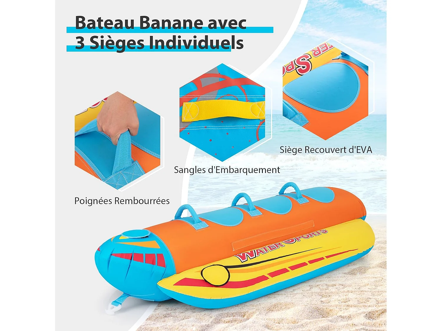 Bateau Banane Gonflable pour 1 à 3 Passagers Charge 231KG, Flotteur Gonflable Remorquable avec 3 Sièges et Poignées Rembourrés en EVA, pour Navigation de Plaisance