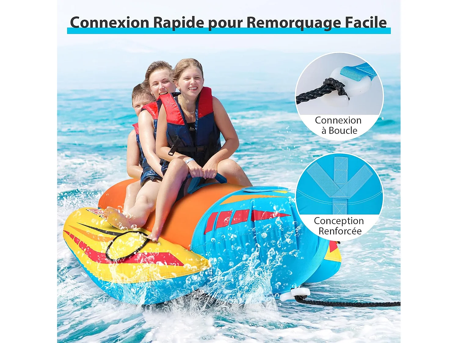 Bateau Banane Gonflable pour 1 à 3 Passagers Charge 231KG, Flotteur Gonflable Remorquable avec 3 Sièges et Poignées Rembourrés en EVA, pour Navigation de Plaisance