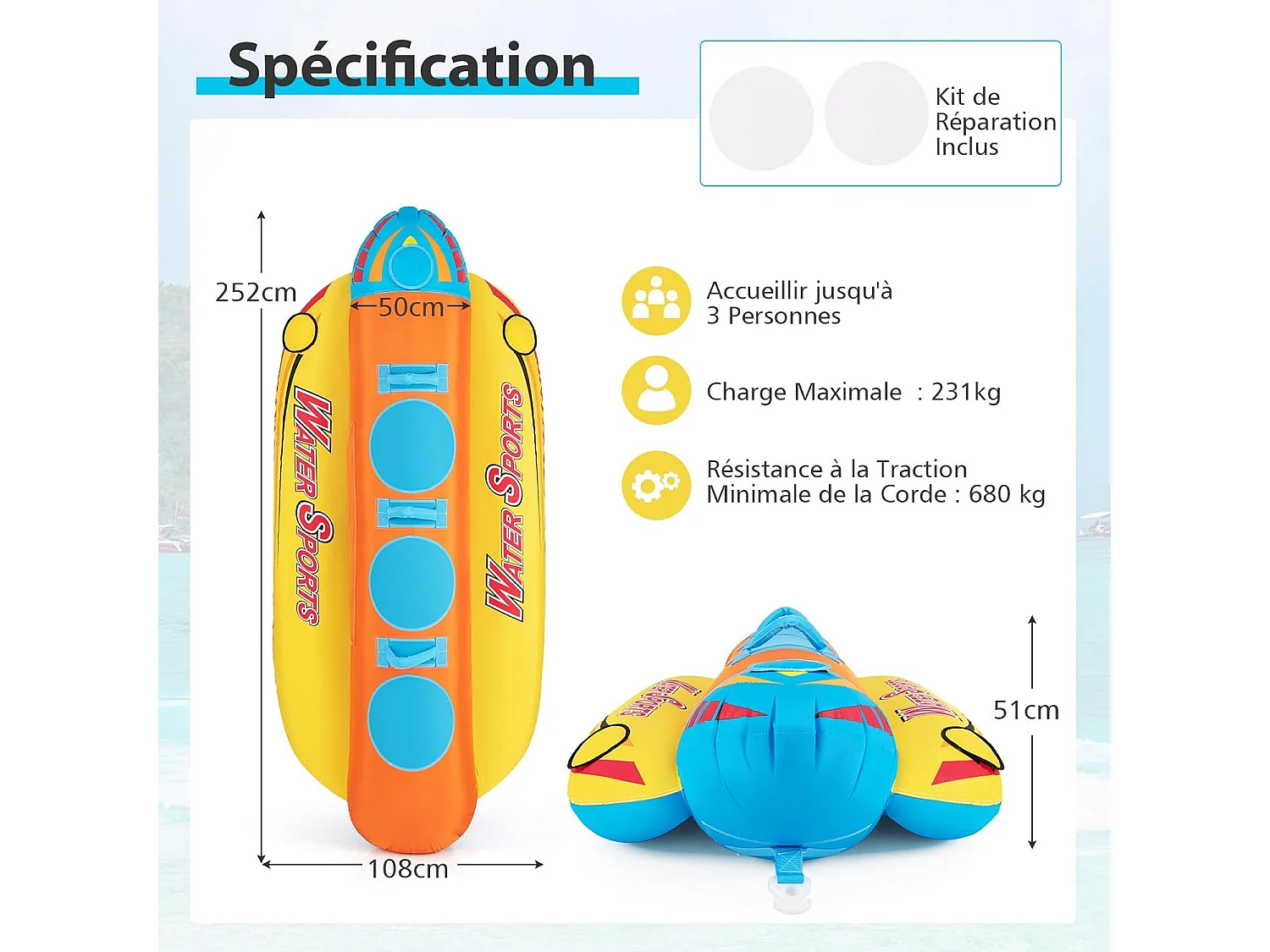 Bateau Banane Gonflable pour 1 à 3 Passagers Charge 231KG, Flotteur Gonflable Remorquable avec 3 Sièges et Poignées Rembourrés en EVA, pour Navigation de Plaisance