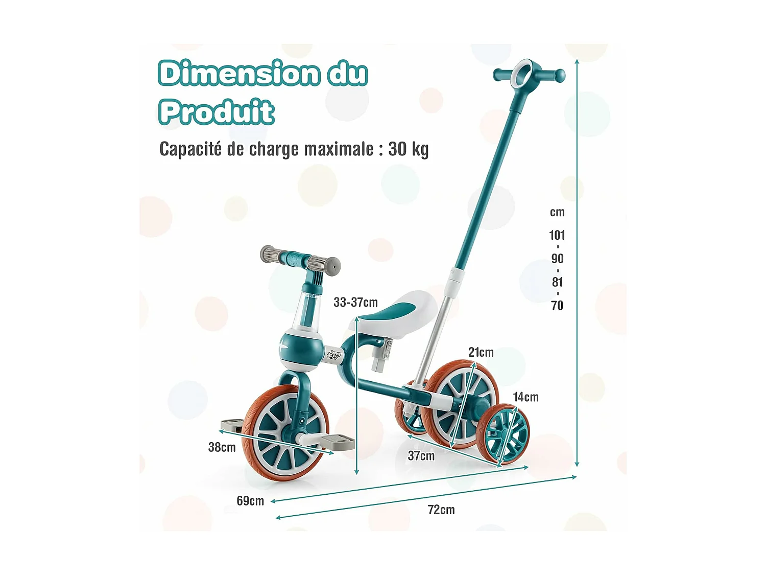 5 en 1 Tricycle Bébé Evolutif avec Putter Parentale, Draisienne Vélo Bébé avec Siège Réglable, Guidon Réversible, Vélo d’équilibre pour Tout-Petits de 2 à 4 Ans