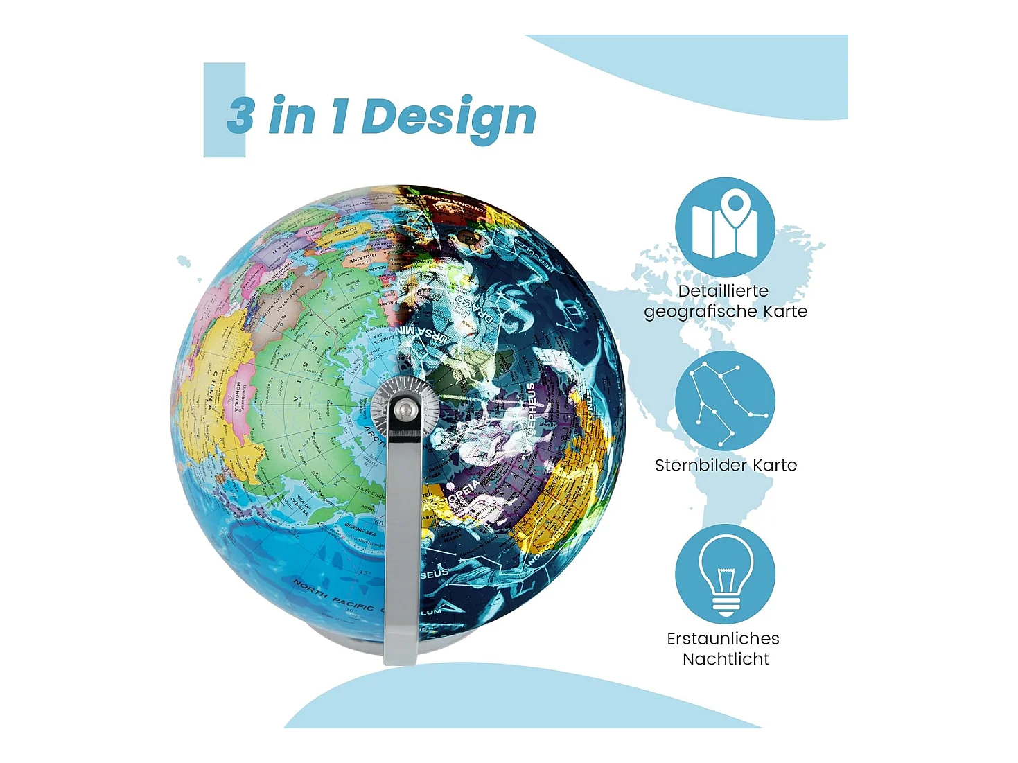 23 cm lichtgevende wereldbol,leerlingglobe met metalen sokkel en licht, incl. Engelse geografische kaart & sterrenbeeldkaart, pedagogisch leermateriaal voor thuis