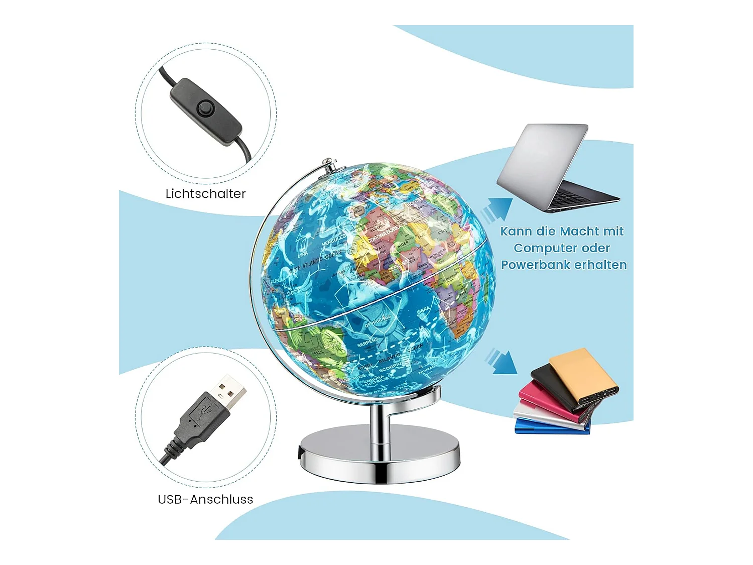 23 cm lichtgevende wereldbol,leerlingglobe met metalen sokkel en licht, incl. Engelse geografische kaart & sterrenbeeldkaart, pedagogisch leermateriaal voor thuis
