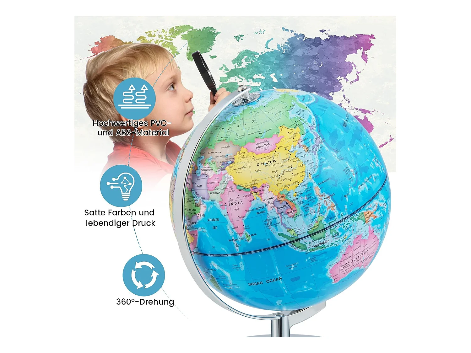 23 cm lichtgevende wereldbol,leerlingglobe met metalen sokkel en licht, incl. Engelse geografische kaart & sterrenbeeldkaart, pedagogisch leermateriaal voor thuis