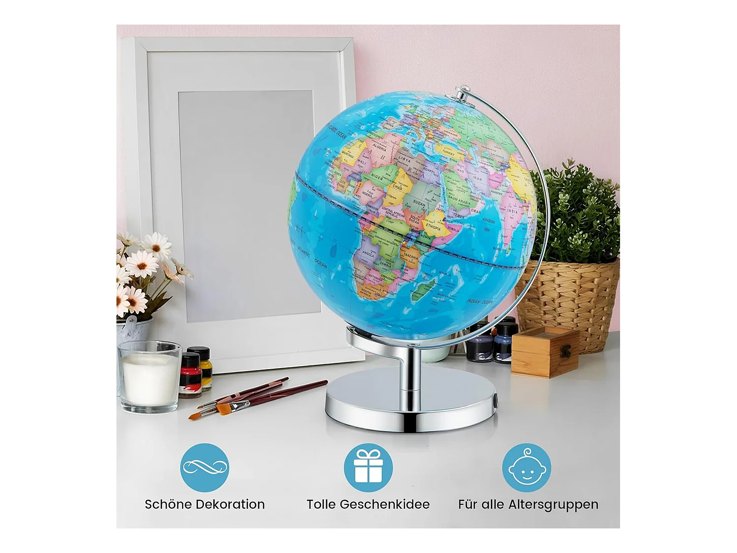 23 cm lichtgevende wereldbol,leerlingglobe met metalen sokkel en licht, incl. Engelse geografische kaart & sterrenbeeldkaart, pedagogisch leermateriaal voor thuis