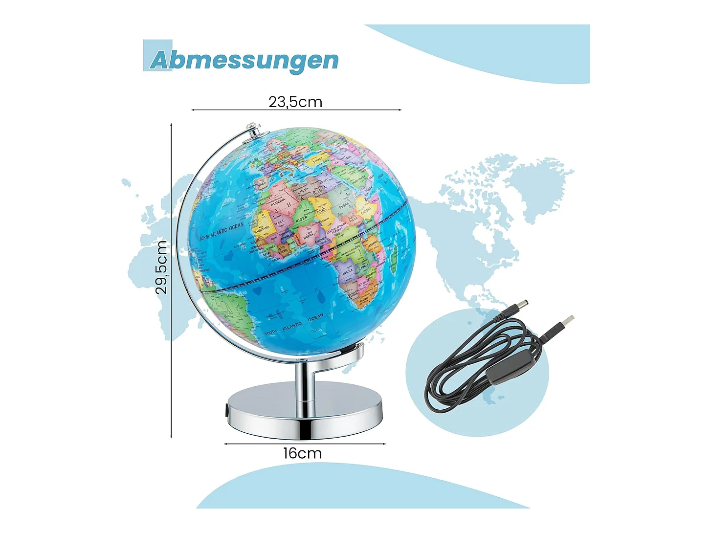 23 cm lichtgevende wereldbol,leerlingglobe met metalen sokkel en licht, incl. Engelse geografische kaart & sterrenbeeldkaart, pedagogisch leermateriaal voor thuis
