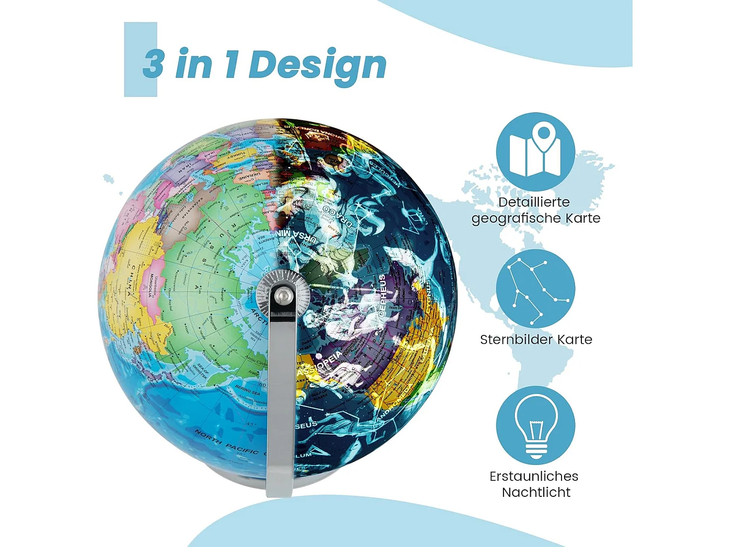 23 cm lichtgevende wereldbol,leerlingglobe met metalen sokkel en licht, incl. Engelse geografische kaart & sterrenbeeldkaart, pedagogisch leermateriaal voor thuis