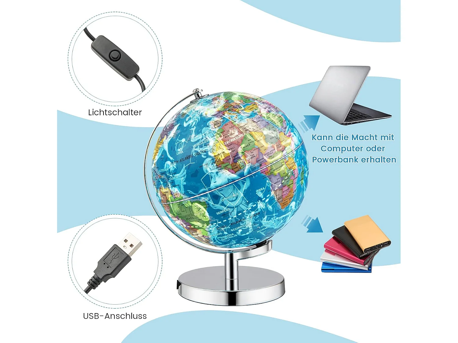 23 cm lichtgevende wereldbol,leerlingglobe met metalen sokkel en licht, incl. Engelse geografische kaart & sterrenbeeldkaart, pedagogisch leermateriaal voor thuis
