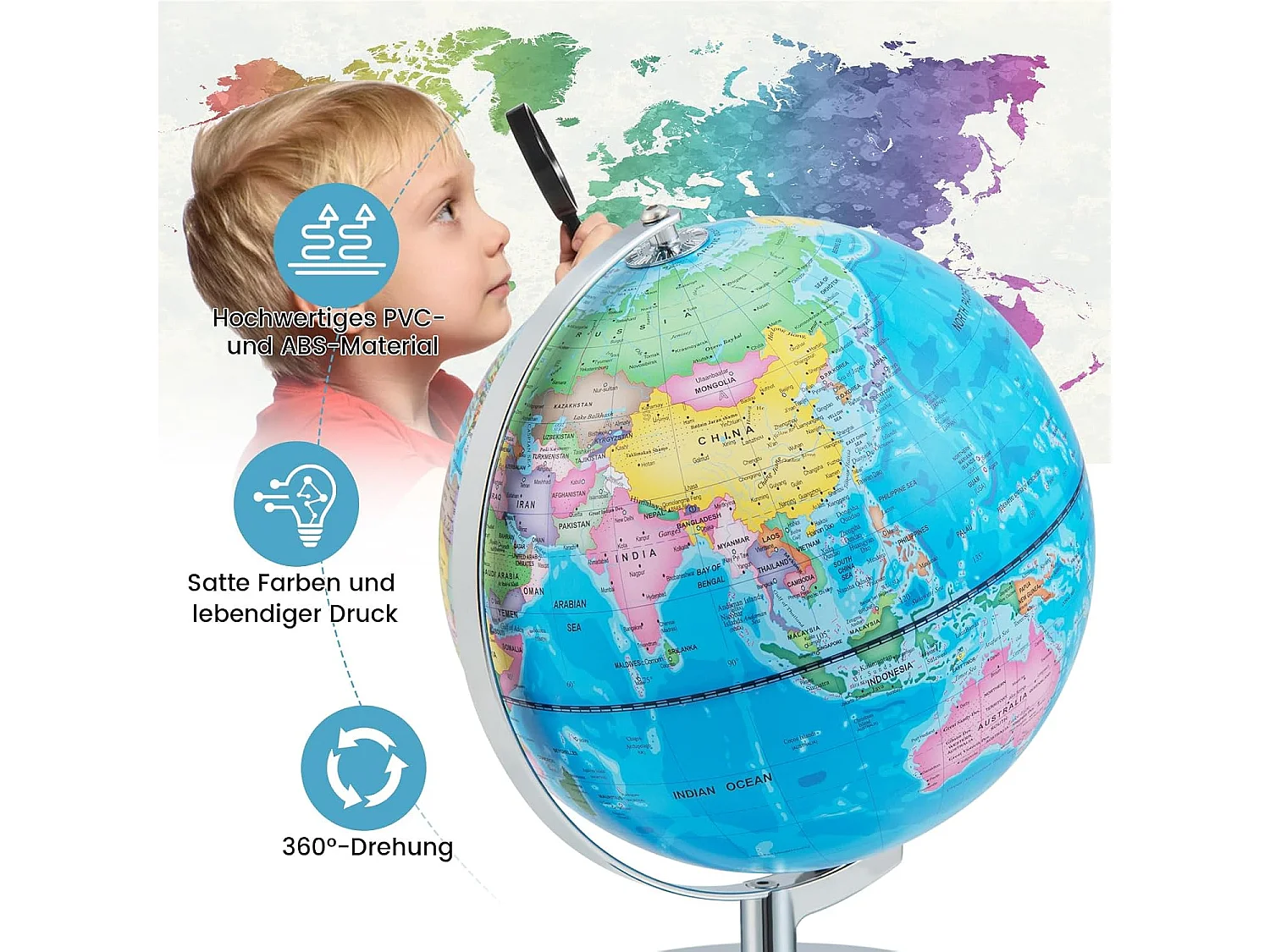 23 cm lichtgevende wereldbol,leerlingglobe met metalen sokkel en licht, incl. Engelse geografische kaart & sterrenbeeldkaart, pedagogisch leermateriaal voor thuis