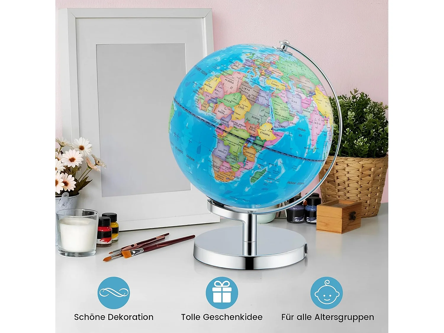 23 cm lichtgevende wereldbol,leerlingglobe met metalen sokkel en licht, incl. Engelse geografische kaart & sterrenbeeldkaart, pedagogisch leermateriaal voor thuis