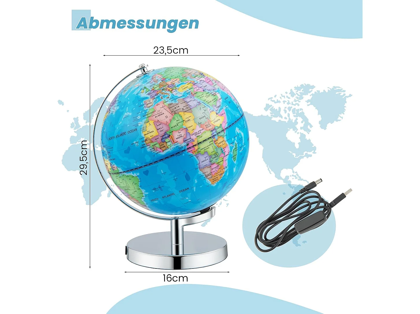 23 cm lichtgevende wereldbol,leerlingglobe met metalen sokkel en licht, incl. Engelse geografische kaart & sterrenbeeldkaart, pedagogisch leermateriaal voor thuis