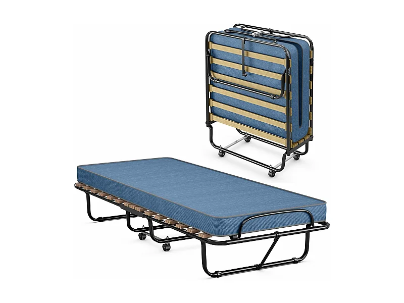 Gastenbed met matras, inklapbaar eenpersoonsbed, stabiel metalen bed, belastbaar tot 130 kg, klapbed op wielen,camping,draagbaar bed, 80 x 190 cm, blauwTI94021