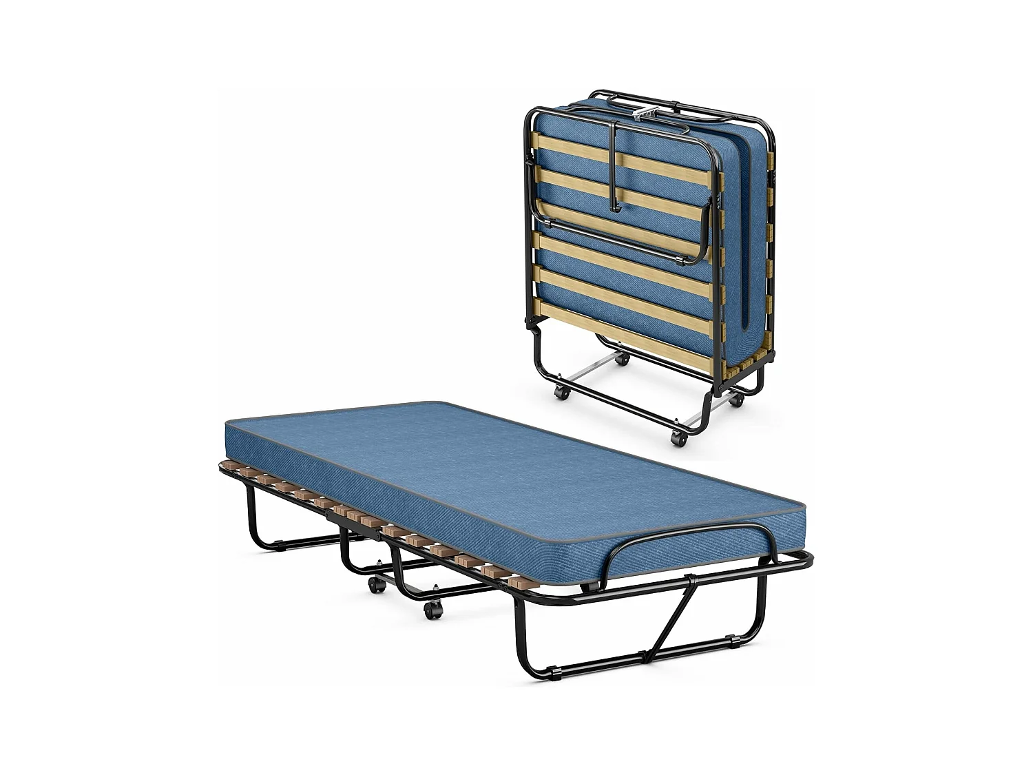 Gastenbed met matras, inklapbaar eenpersoonsbed, stabiel metalen bed, belastbaar tot 130 kg, klapbed op wielen,camping,draagbaar bed, 80 x 190 cm, blauwTI94021